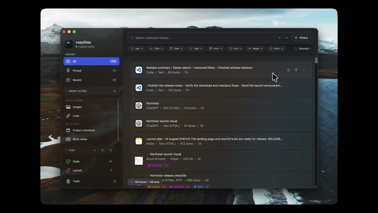 copyStaq on macOS showing clipboard history, search, filters and tags