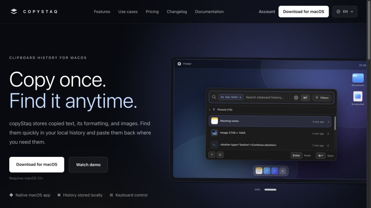 copyStaq product website introducing the app and showing the Quick Paste window